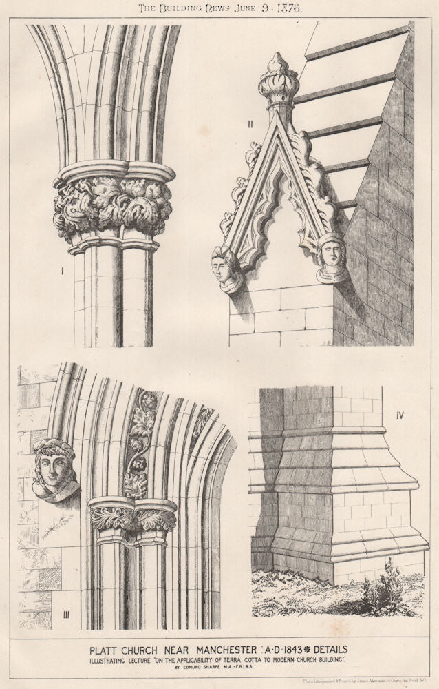 Platt Church, near Manchester 1876 old antique vintage print picture